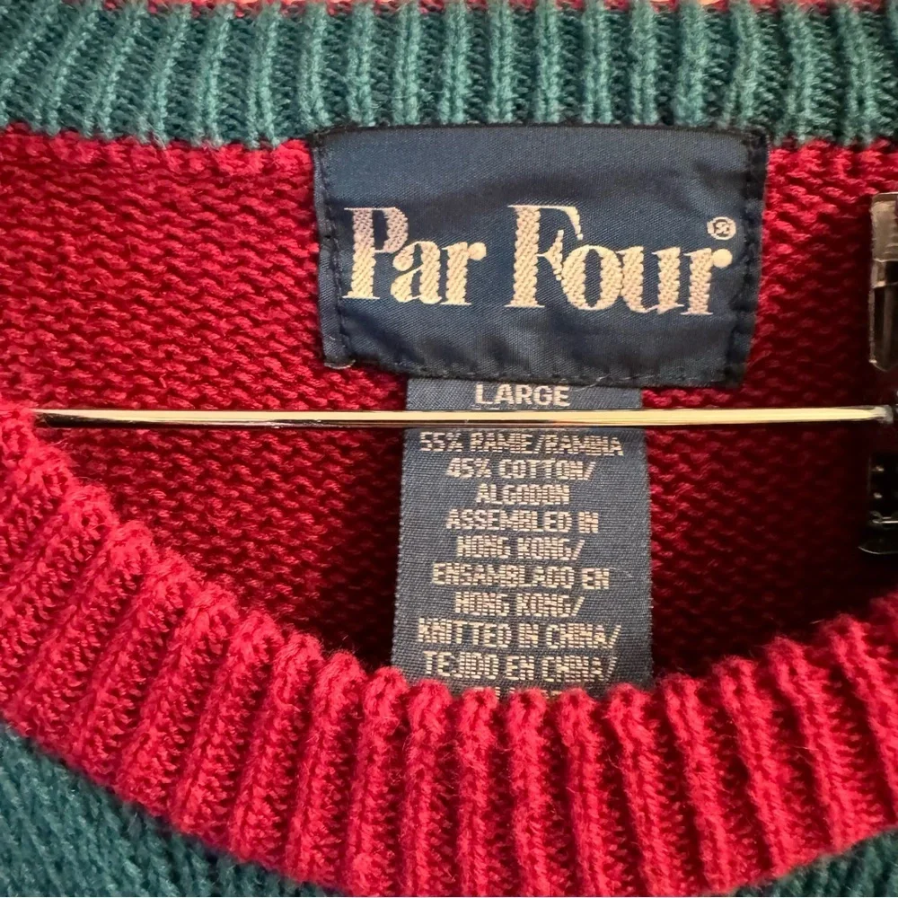 Vintage Par Four Men's Red Blue Argyle Long Sleeve Crew Neck Pullover Sweater